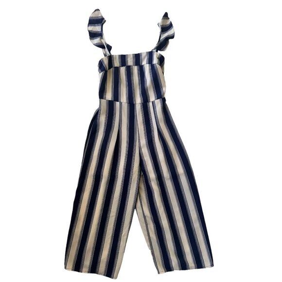 Trixxi Sleeveless Wide Leg Beige Navy Blue Ruffle Strap Summer Jumpsuit Sz S - Picture 8 of 11